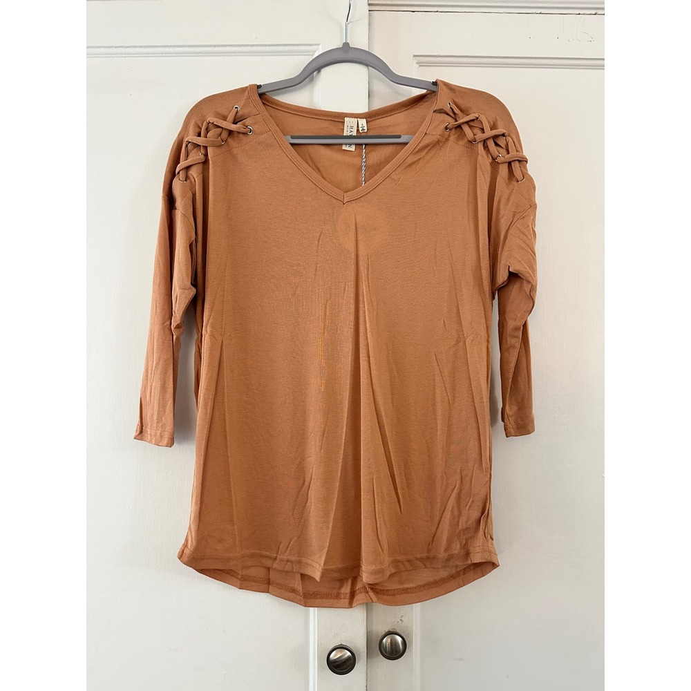 Hayden Lace Up‎ Shoulder V Neck 3/4 Sleeve Casual Tunic Top Women Size S